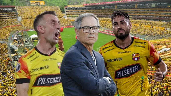 Dami{an Díaz gritando, Ariel Holan serio, Fydriszewski preocupado. Foto tomada de: Barcelona SC