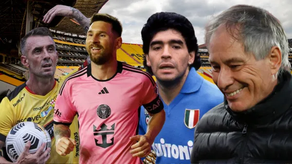 Damián Díaz, Ariel Holan, Lionel Messi y Maradona en el Estadio Monumental (Foto tomada de: Primicias/TNT/API/Clarín)