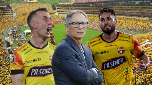 Damián Díaz gritando, Ariel Holan serio, Francisco Fydriszewski celebrando. Foto tomada de: Barcelona SC