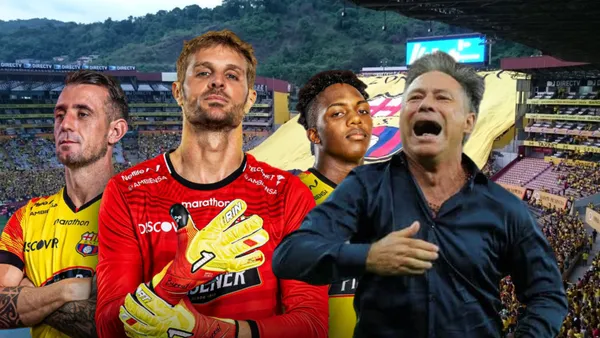 Damián Díaz, Javier Burrai, Djorkaeff Reasco, Ariel Holan gritando. Foto tomada de: Barcelona SC/De la cuna al infierno