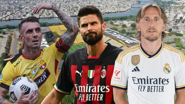 Damián Díaz junto a Luka Modrić, Olivier Giroud y detrás una panorámica de el Monumental (Foto tomada de: Expreso/Primicias/La Liga/Le Dauphiné)