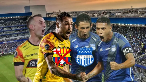 Damián Díaz, Meli, Luis Fernando León, escudos Emelec y Barcelona SC. Foto tomada de: Barcelona SC/Emelec