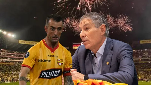 Damián Díaz preocupado, Ariel Holan hablando. Foto tomada de: Barcelona SC