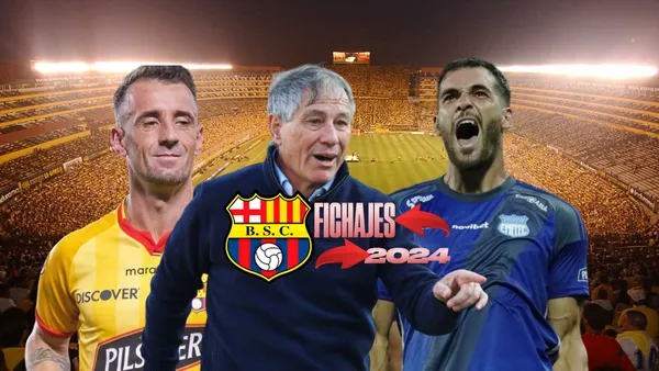 Damián Díaz sonriente, Ariel Holan señalando, Castelli gritando. Foto tomada de: Barcelona SC/Emelec