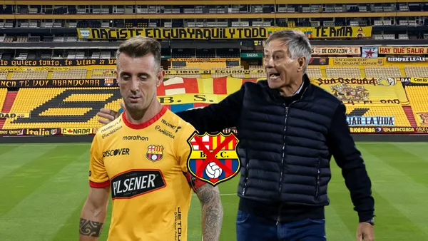 Damián Díaz triste, Ariel Holan gritando, escudo de Barcelona SC. Foto tomada de: BSC/PESLogos