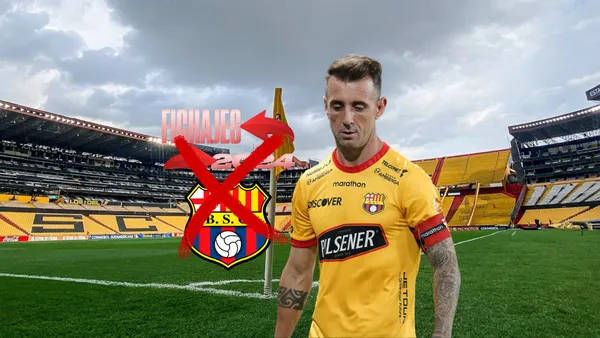 Damián Díaz triste, x al escudo de Barcelona SC y fichajes 2024. Foto tomada de: Barcelona SC