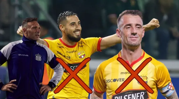 Damián Díaz y Francisco Fydriszewski con la camiseta del Barcelona SC, al lado el DT de Talleres. FOTO: Ecuavisa