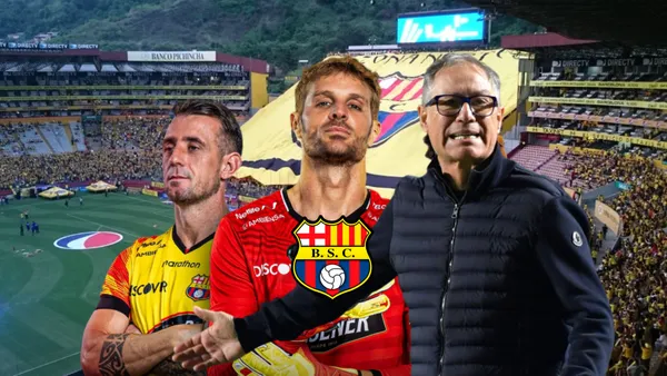 Damián Díaz y Javier Burrai posando, Ariel Holan dirigiendo. Foto tomada de: Barcelona SC