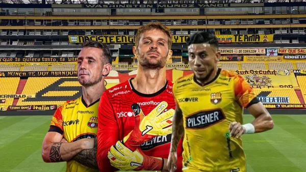 Damián Díaz y Javier Burrai posando, Joao Rojas jugando. Foto tomada de: Barcelona SC