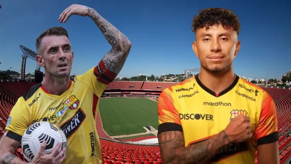 Damián Díaz y Joao Rojas en el Estadio Monumental (Foto tomada de: DPL News/API/Barcelona SC)