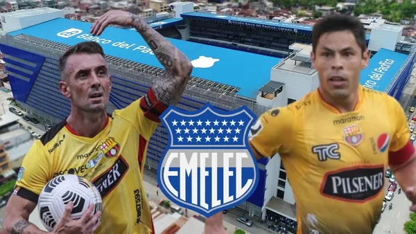 Damián Díaz y Matías Oyola en el Estadio Capwell (Foto tomada de: Emelec/API/Wikipedia)