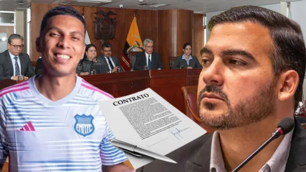 Diego López con Luis Fernando León en un juzgado de Ecuador (Foto tomada de: Primicias/Emelec/Extra/T4 Franquicias)