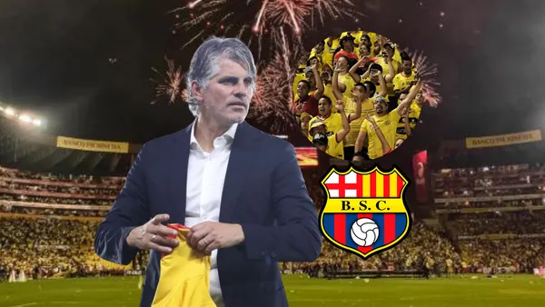 Diego López serio, hinchada de Barcelona SC y escudo del equipo. Foto tomada de: El Telégrafo/Barcelona SC