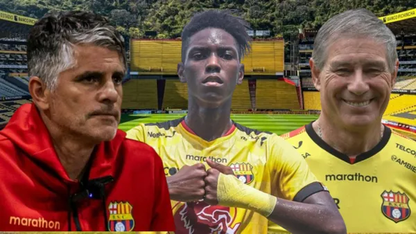 Digo López, Allen Obando y Ariel Holan en el Estadio Monumental (Foto tomada de: Barcelona SC/API)