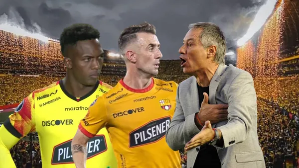 Djorkaeff Reasco enojado, Damián Díaz jugando, Ariel Holan protestando. Foto tomada de: Barcelona SC