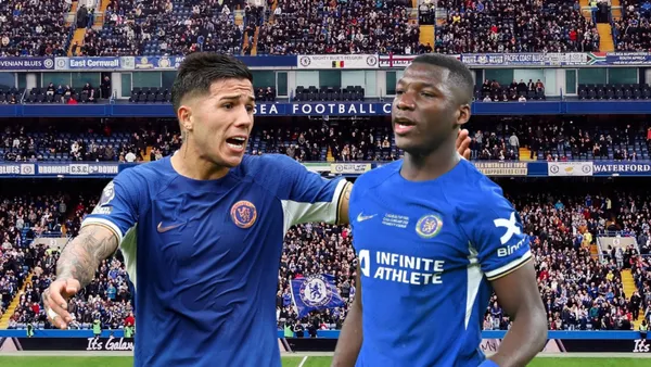 Enzo Fernández gritando, Moisés Caicedo jiugando. Foto tomada de: Transfermarkt/Chelsea