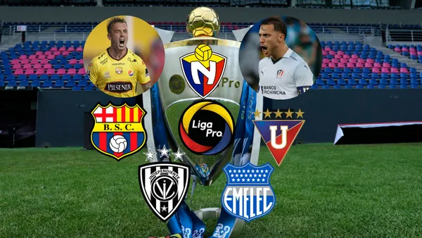 Equipos de la Liga Pro, Damián Díaz y Ezequiel Piovi gritando. Foto tomada de: API/PESLogos/BSC/Conmebol