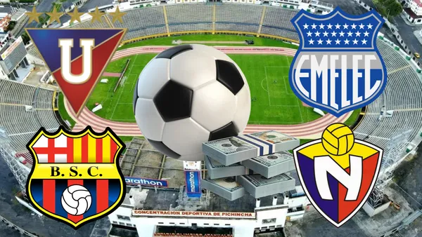 Escudos de los equipos grandes junto a un balón con dinero (Foto tomada de: Extra/Urgente/Wikipeidia)