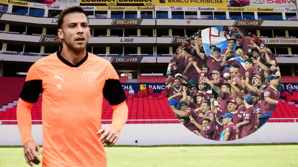 Ezequiel Piovi e hinchas de Lanús (Foto tomada de: Liga de Quito/Ezequiel Piovi/Lanús)