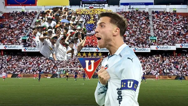 Ezequiel Piovi gritando, hinchada de LDU protestando. Foto tomada de: API/Liga de Quito