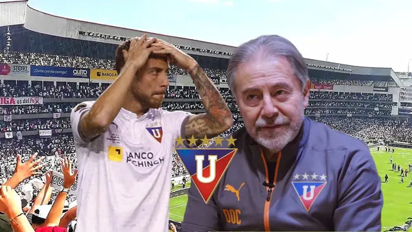 Ezequiel Piovi preocupado, Isaac Álvarez molesto, escudo Liga de Quito. Foto tomada de: Radio La Red/API