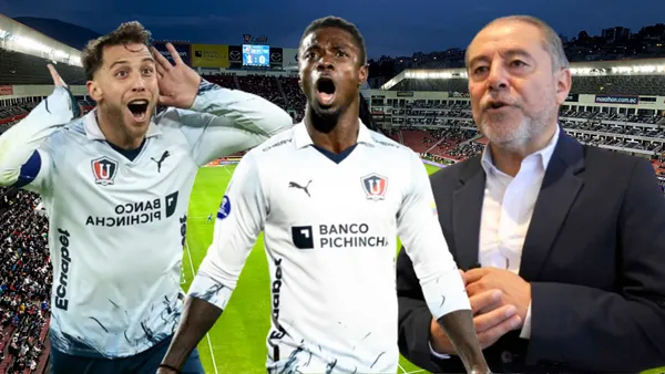 Ezequiel Piovi, Ricardo Adé e Isaac Álvarez en el Estadio Rodrigo Paz Delgado (Foto tomada de: Primicias/ESPN/API)