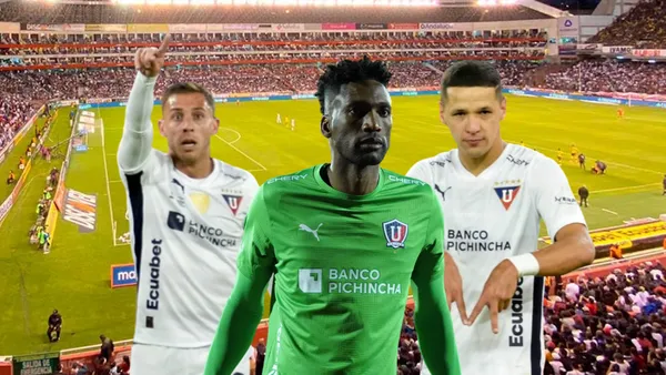 Ezequiel Piovi señalando, Alexander Domínguez enojado, Alex Arce festejo. Foto tomada de: API/Liga de Quito