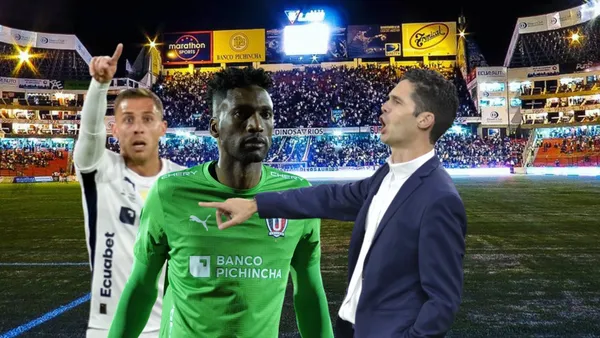 Ezequiel Piovi señalando, Alexander Domínguez enojado, Josep Alcácer dirigiendo. Foto tomada de: Liga de Quit/API