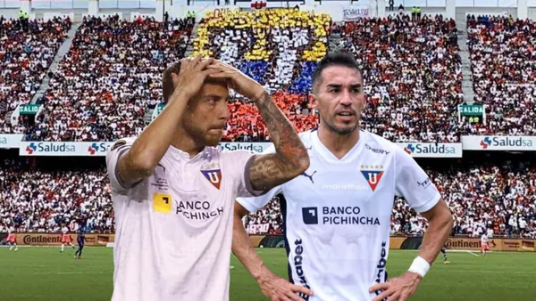 Ezequiel Piovi tomándose la cabeza, Lisandro Alzugaray preocupado. Foto tomada de: Liga de Quito