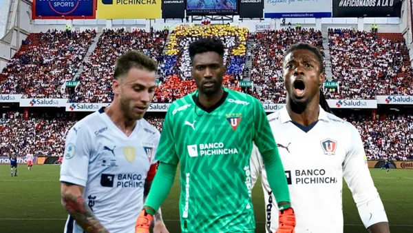 Ezequiel Piovi triste, Alexander Domínguez preocupado, Ricardo Adé gritando. Foto tomada de: Liga de Quito