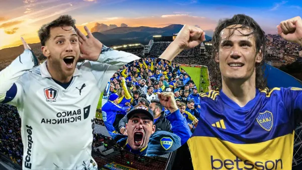 Ezequiel Piovi y Edison Cavani en el Estadio Rodrigo Paz (Foto tomada de: Liga de Quito/API/El Gráfico)