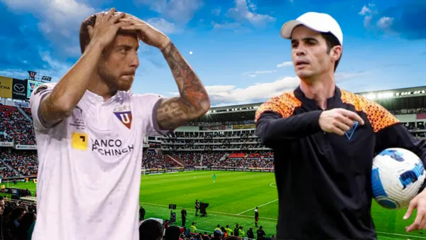 Ezequiel Piovi y Josep Alcácer en el Estadio Rodrigo Paz Delgado (Foto tomada de: Liga de Quito/API)