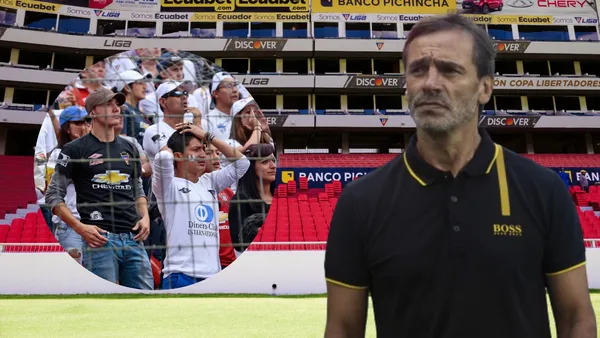 Fabián Bustos y los hinchas de Liga de Quito (Foto tomada de: Liga de Quito/API)