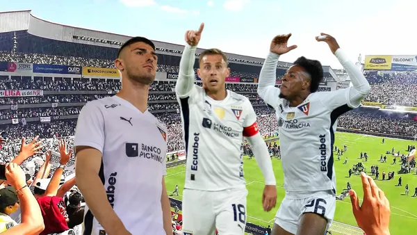 Facundo Rodríguez, Ezequiel Piovi y Jhojan Julio en acción con LDU