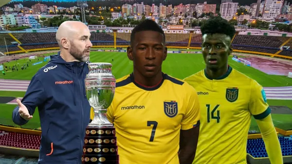 Félix Sánchez dirigiendo, Pervis Estupiñán triste y Jhohanner Chávez. Foto tomada de: IG Pervis Estupiñán/Diario Olé