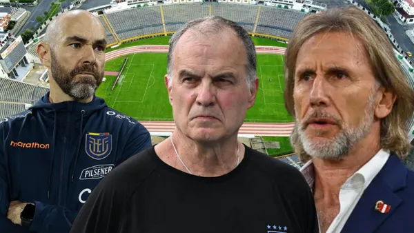 Félix Sánchez, Marcelo Bielsa y Ricardo Gareca en el Estadio Olímpico Atahualpa (Foto tomada de: Extra/CNN/Infobae)