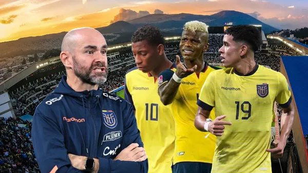 Félix Sánchez molesto con Gonzalo Plata, Robert Arboleda y Kendry Páez. Foto tomada de Ecuavisa/El Telégrafo/