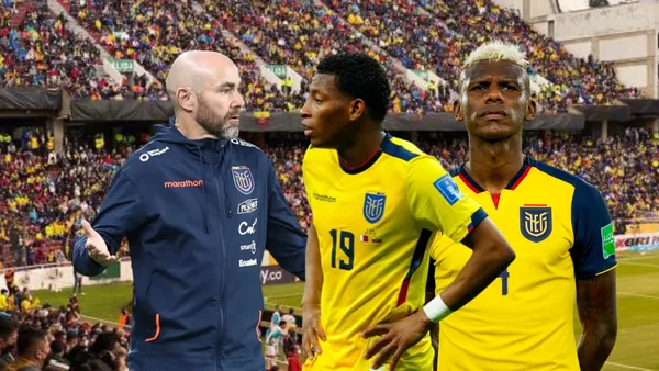 Félix Sánchez reclamando, Gonzalo Plata preocupado, Robert Arboleda serio. Foto tomada de: La Tri/Ecuavisa