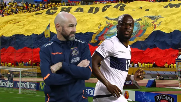 Félix Sánchez serio, Enner Valencia jugando. Foto tomada de: Conmebol/La Tri