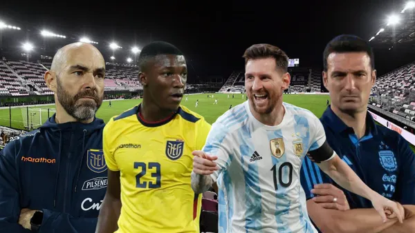 Félix Sánchez serio, Moisés Caicedo jugando, Lionel Messi celebrando, Scaloni serio. Foto tomada de: Sporting News/ESPN/Ecuavisa