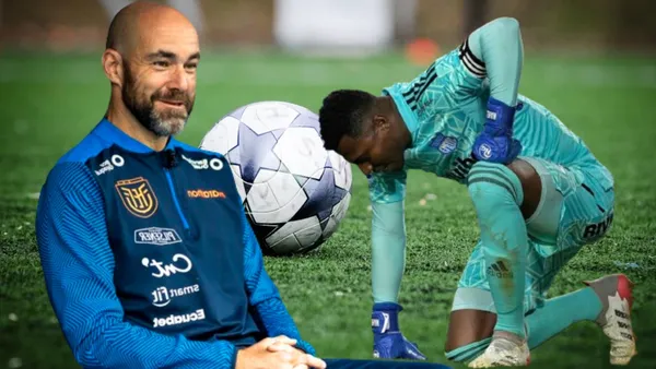 Félix Sánchez sonriendo y Pedro Ortiz en el suelo arrodillado (Foto tomada de: Club Sport Emelec/La Tri/Unplash)