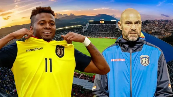 Félix Sánchez y Michael Estrada en el Estadio Rodrigo Paz (Foto tomada de: Liga de Quito/Primicias/La Tri)