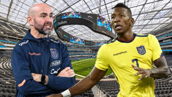 Félix Sánchez y Pervis Estupiñán en el soFI Stadium (Foto tomada de: El Español/Sporting News/Ecuavisa)