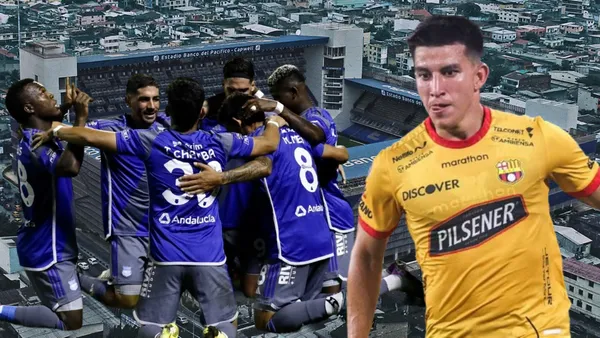 Fernando Gaibor y los jugadores de Emelec en el Estadio Capwell (Foto tomada de: Wikipedia/API)