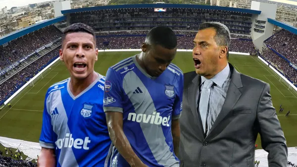 Fernando León gritando, Valencia cabeza baja, Hernán Torres gritando. Foto tomada de: Emelec