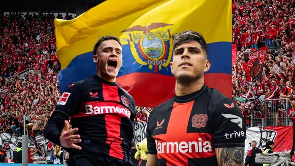 Florian Wirtz y Piero Hincapié con la bandera de Ecuador. Foto tomada de: Invictos/Bayer Leverkusen