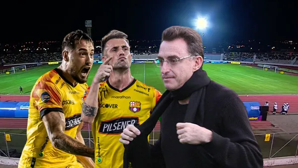 Francisco Fydriszewski grito, Damián Díaz señalando. Foto tomada de: Barcelona SC/Diario Los Andes