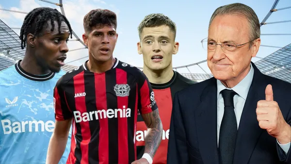 Frimpong, Piero Hincapié, Florian Wirtz y Florentino Pérez (Foto tomada de: Wikipedia/La Red/BBC/Marca)