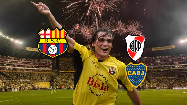 Guillermo Morigi celebrando, escudos de BSC, Boca Juniors y River Plate. Foto tomada de: El Universo/PESLogos