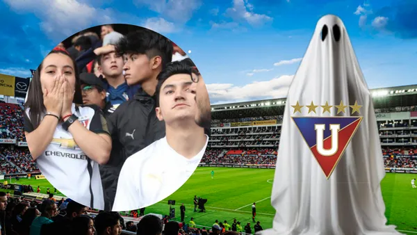 Hinchas de Liga de Quito con un fantasma en el Estadio Rodrigo Paz Delgado (Foto tomada de: El Comercio/Expreso/ESPN)